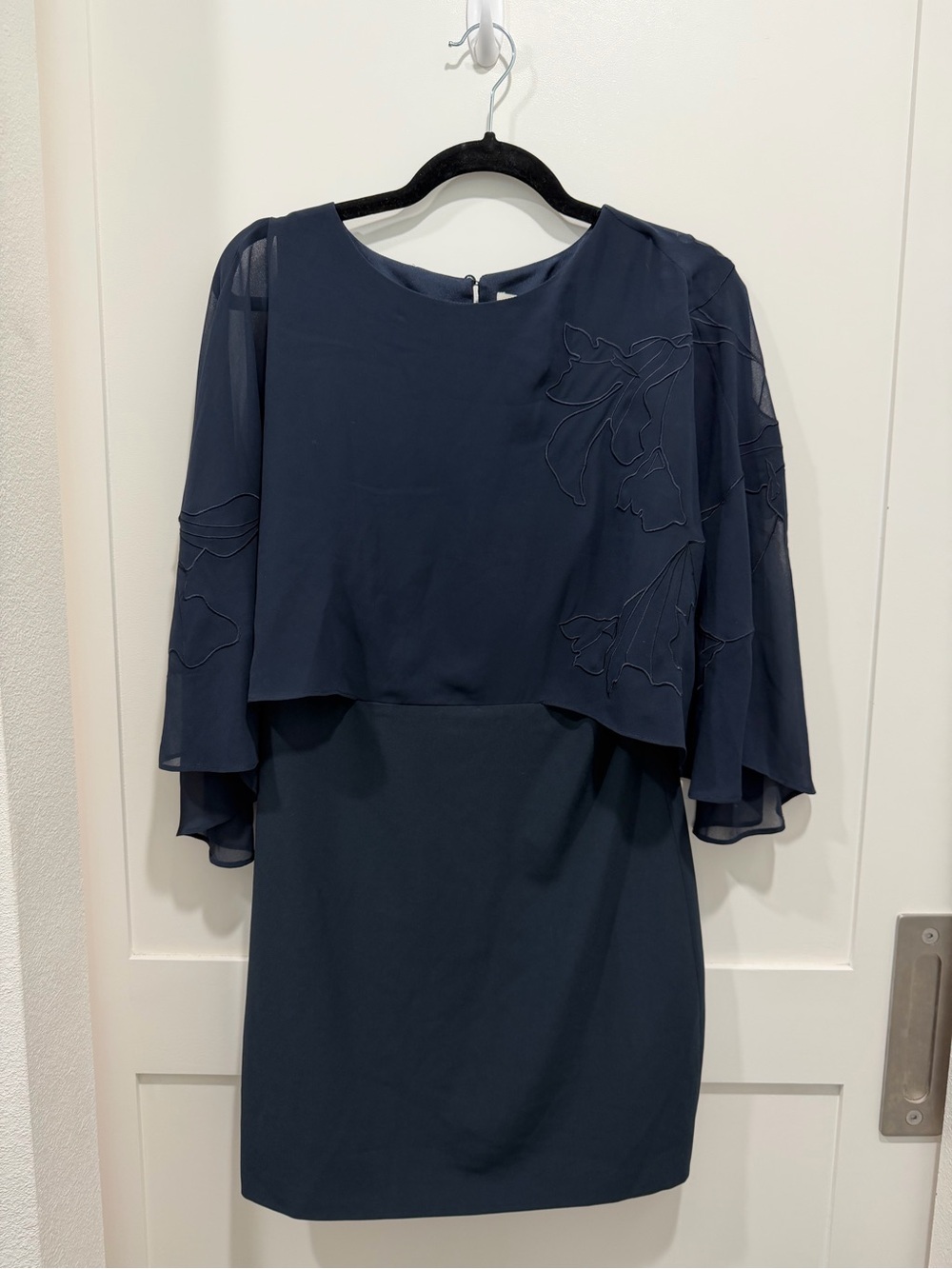 Halston Heritage Navy Cape Dress 4 Sheer Embroidered Formal NWT
